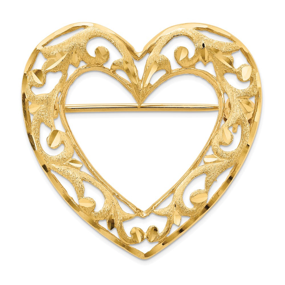 14K Gelbgold Diamantiert Poliert und Satiniert Filigran Offen Herz Brosche