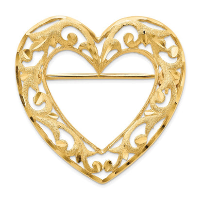 14K Gelbgold Diamantiert Poliert und Satiniert Filigran Offen Herz Brosche