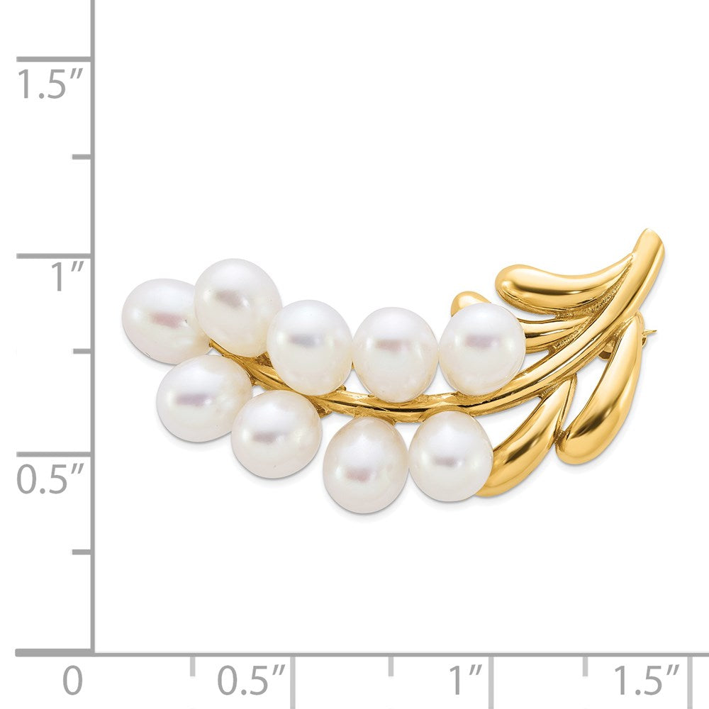 14K Gelbgold Poliert Cluster 5-6mm Weiß Rice Süßwasser Zuchtperle Brosche