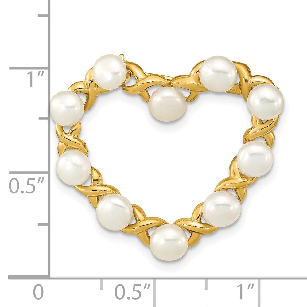 14K Gelbgold X und O mit 4-5mm Knopf Weiß Süßwasser Zucht Pearls Offen Herz Brosche