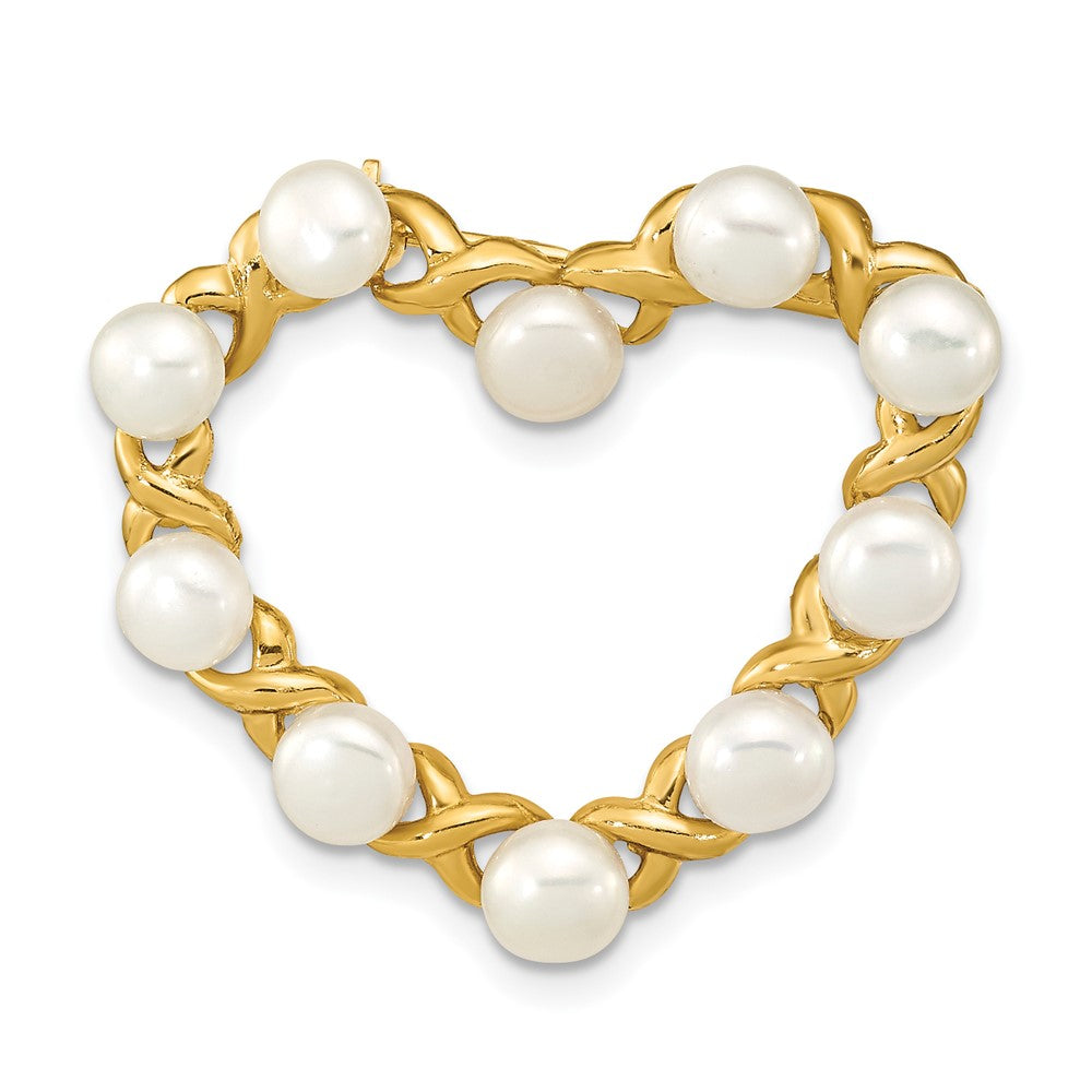 14K Gelbgold X und O mit 4-5mm Knopf Weiß Süßwasser Zucht Pearls Offen Herz Brosche