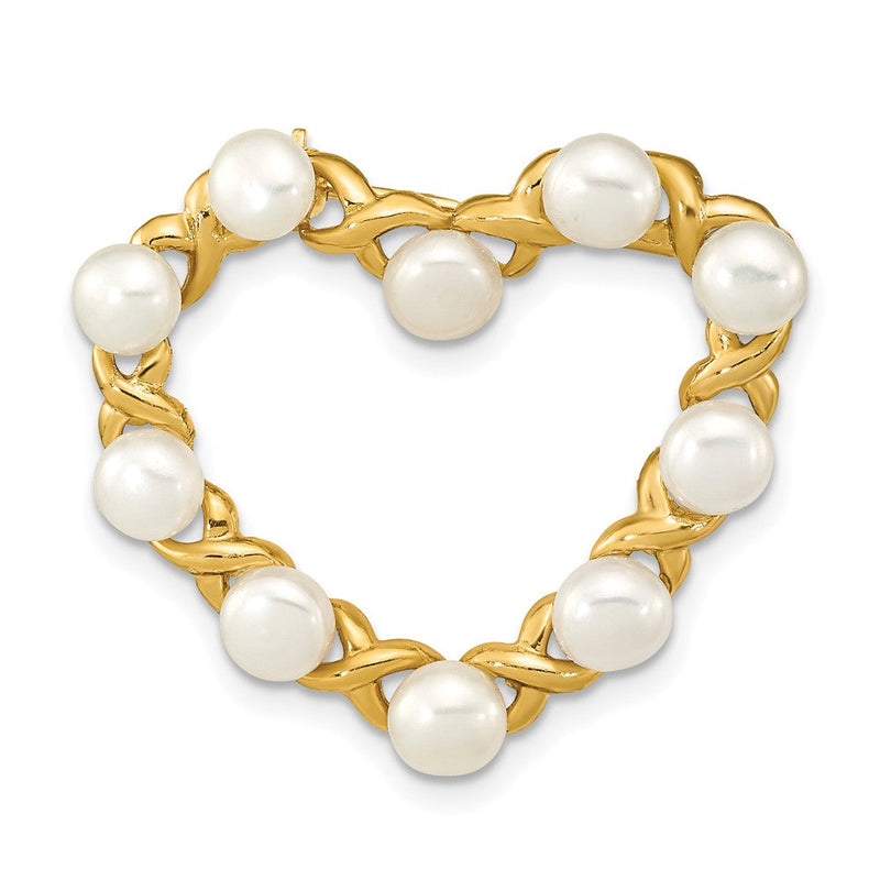14K Gelbgold X und O mit 4-5mm Knopf Weiß Süßwasser Zucht Pearls Offen Herz Brosche