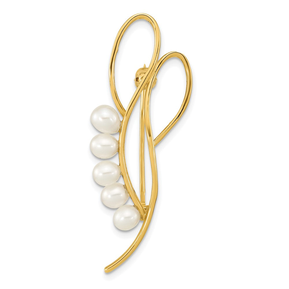 14K Gelbgold Poliert Offen Loops Accented mit 4-5mm Weiß Tropfen Süßwasser Zucht Pearls Brosche