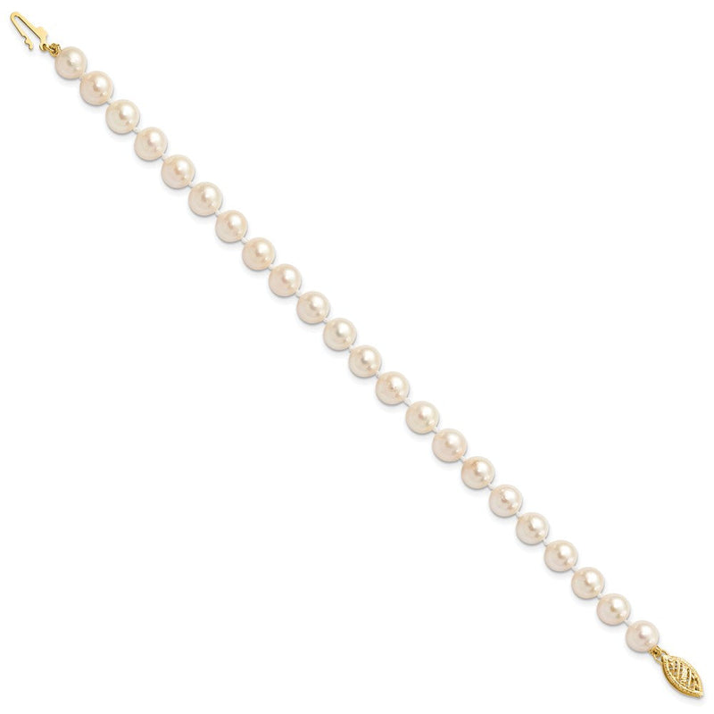 14K Gelbgold 6 7mm Weiß Rund Akoya Salzwasser Zuchtperle 7 Zoll Armband