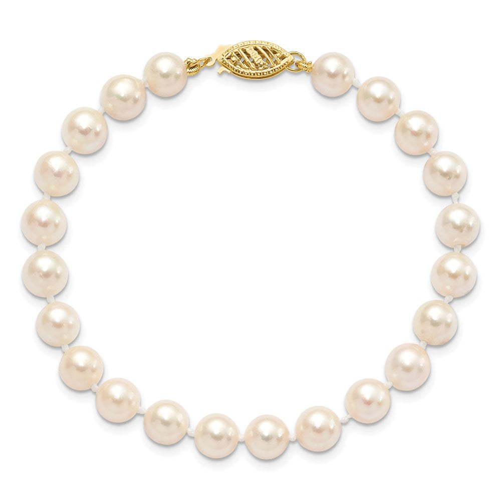 14K Gelbgold 6 7mm Weiß Rund Akoya Salzwasser Zuchtperle 7 Zoll Armband