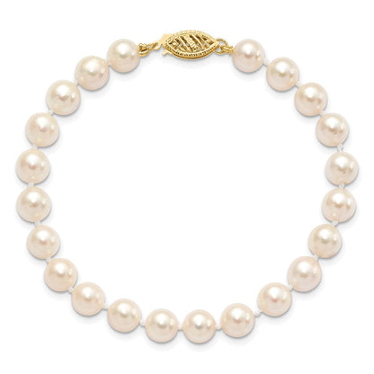 14K Gelbgold 6 7mm Weiß Rund Akoya Salzwasser Zuchtperle 7 Zoll Armband