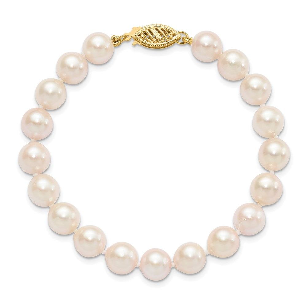 14K Gelbgold 7 8mm Weiß Rund Akoya Salzwasser Zuchtperle Zoll Armband