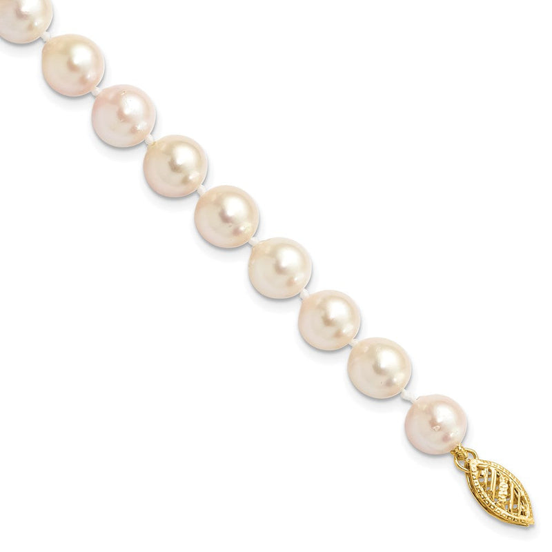 14K Gelbgold 7 8mm Weiß Rund Akoya Salzwasser Zuchtperle Zoll Armband