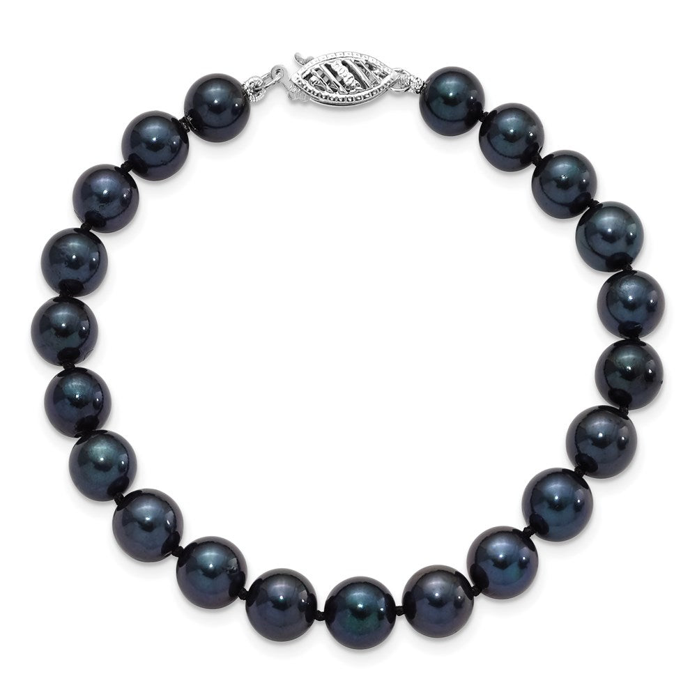 14K Weißgold 7 8mm Schwarz Rund Akoya Salzwasser Zuchtperle Zoll Armband