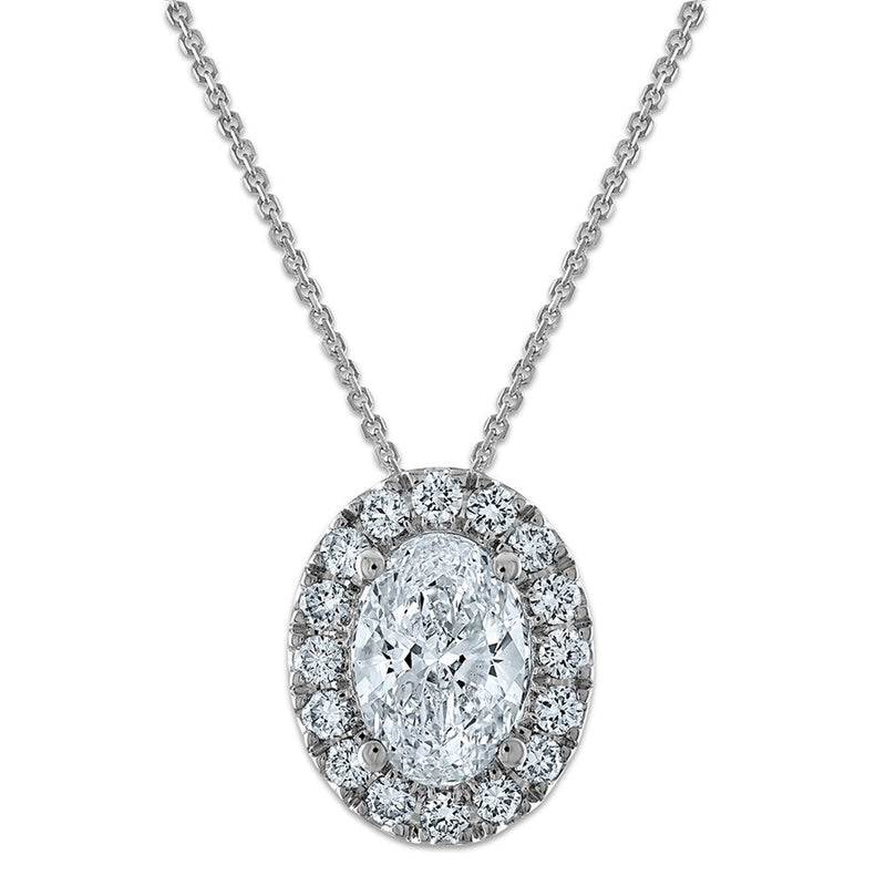 14K Weißgold Halskette mit ovalem Halo-Anhänger, 2,5 ct. zertifizierter im Labor gezüchteter Diamant, VS/SI+ G+, 45 cm
