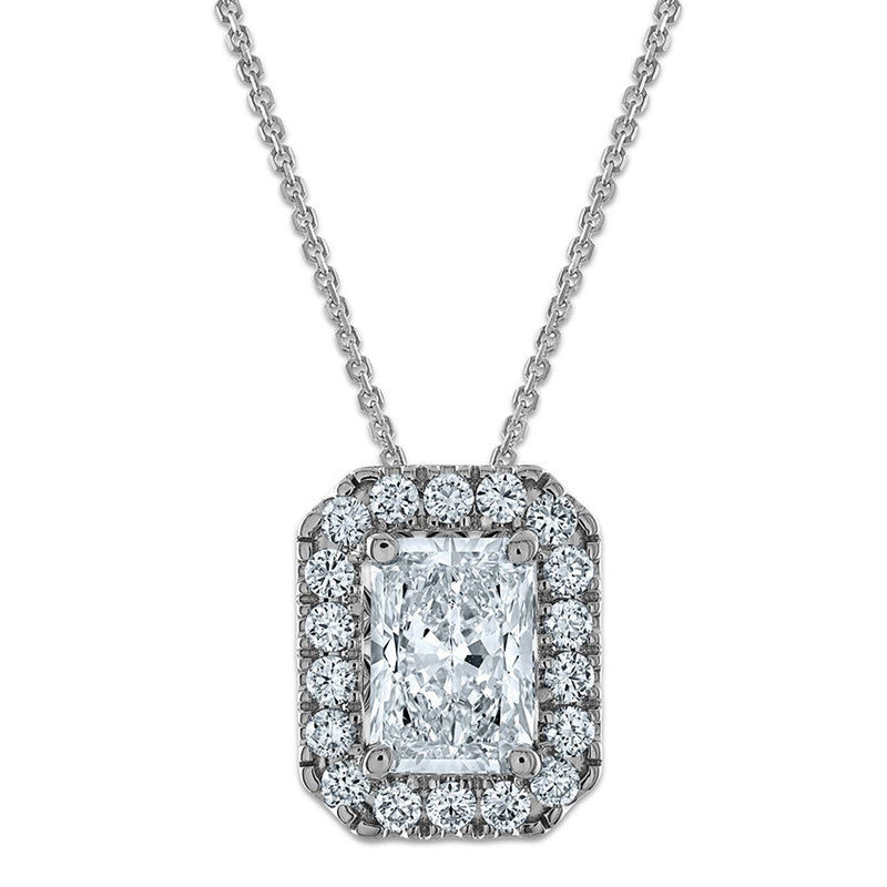 14K Weißgold 2,5 ct. Zertifizierter, im Labor gezüchteter Diamant VS/SI+ G+ Komplette 18 Zoll Radiant-Halo-Anhänger-Halskette