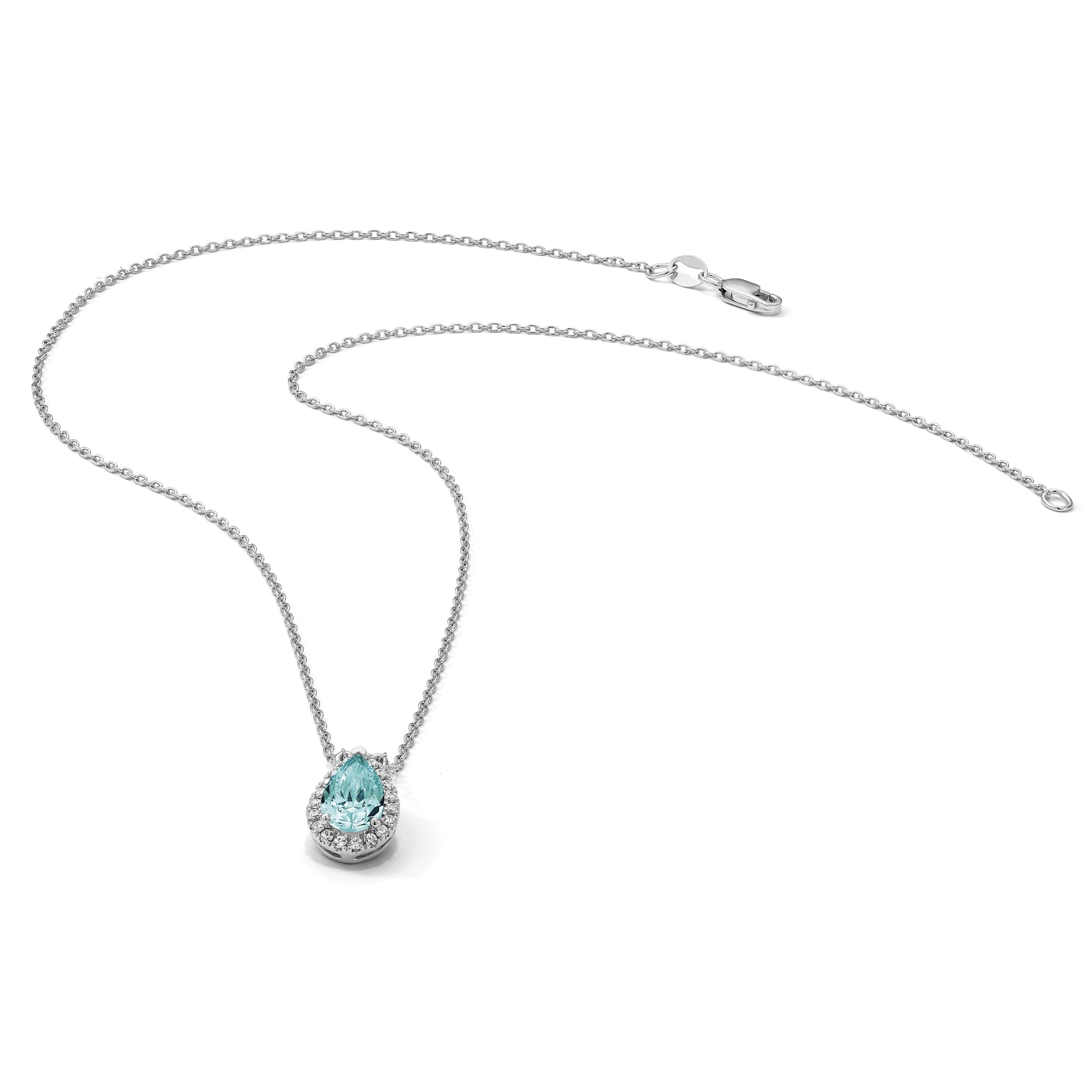 Pure Serenity 14K Weißgold Halskette mit ovalem Halo-Anhänger, 0,166 ct. Labor gezüchtetem Diamant VS/SI+ G+ und labor gezüchtetem Paraiba-Turmalin, 45,7 cm