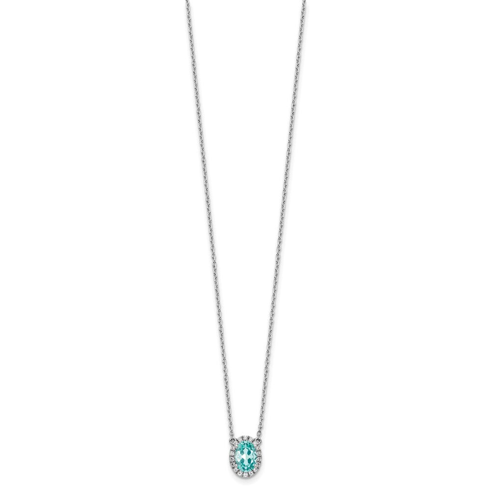 Pure Serenity 14K Weißgold Halskette mit ovalem Halo-Anhänger, 0,125 ct. im Labor gezüchtetem Diamant VS/SI+ G+ und im Labor gezüchtetem Paraiba-Turmalin, 18 Zoll