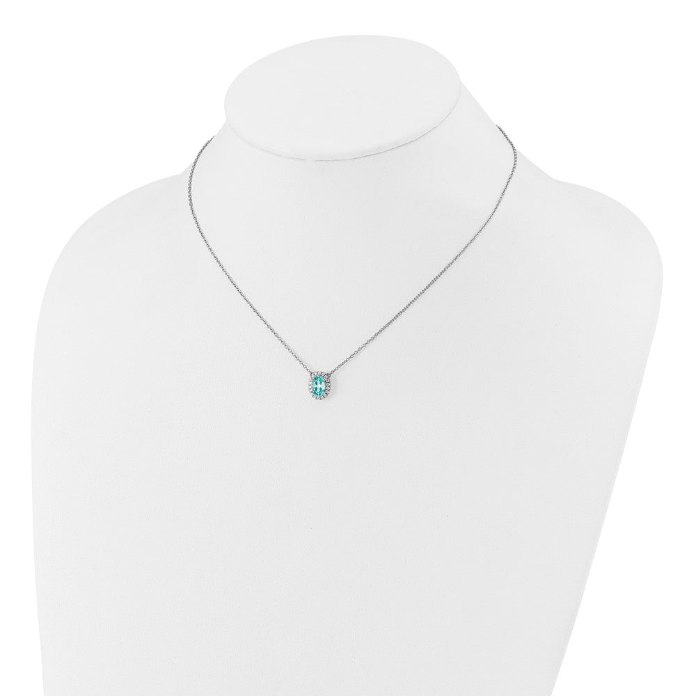 Pure Serenity 14K Weißgold Halskette mit ovalem Halo-Anhänger, 0,125 ct. im Labor gezüchtetem Diamant VS/SI+ G+ und im Labor gezüchtetem Paraiba-Turmalin, 18 Zoll