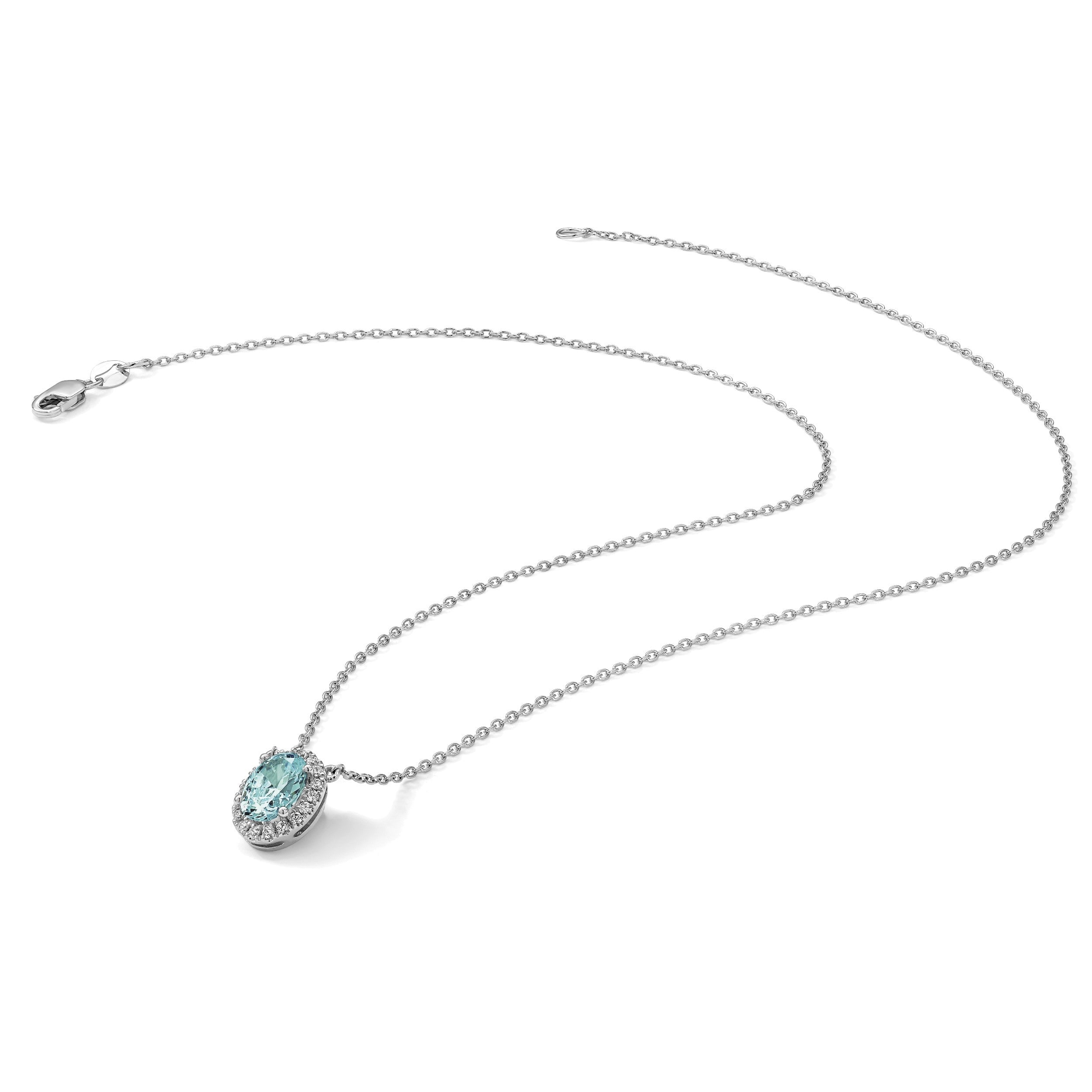 Pure Serenity 14K Weißgold Halskette mit ovalem Halo-Anhänger, 0,125 ct. im Labor gezüchtetem Diamant VS/SI+ G+ und im Labor gezüchtetem Paraiba-Turmalin, 18 Zoll
