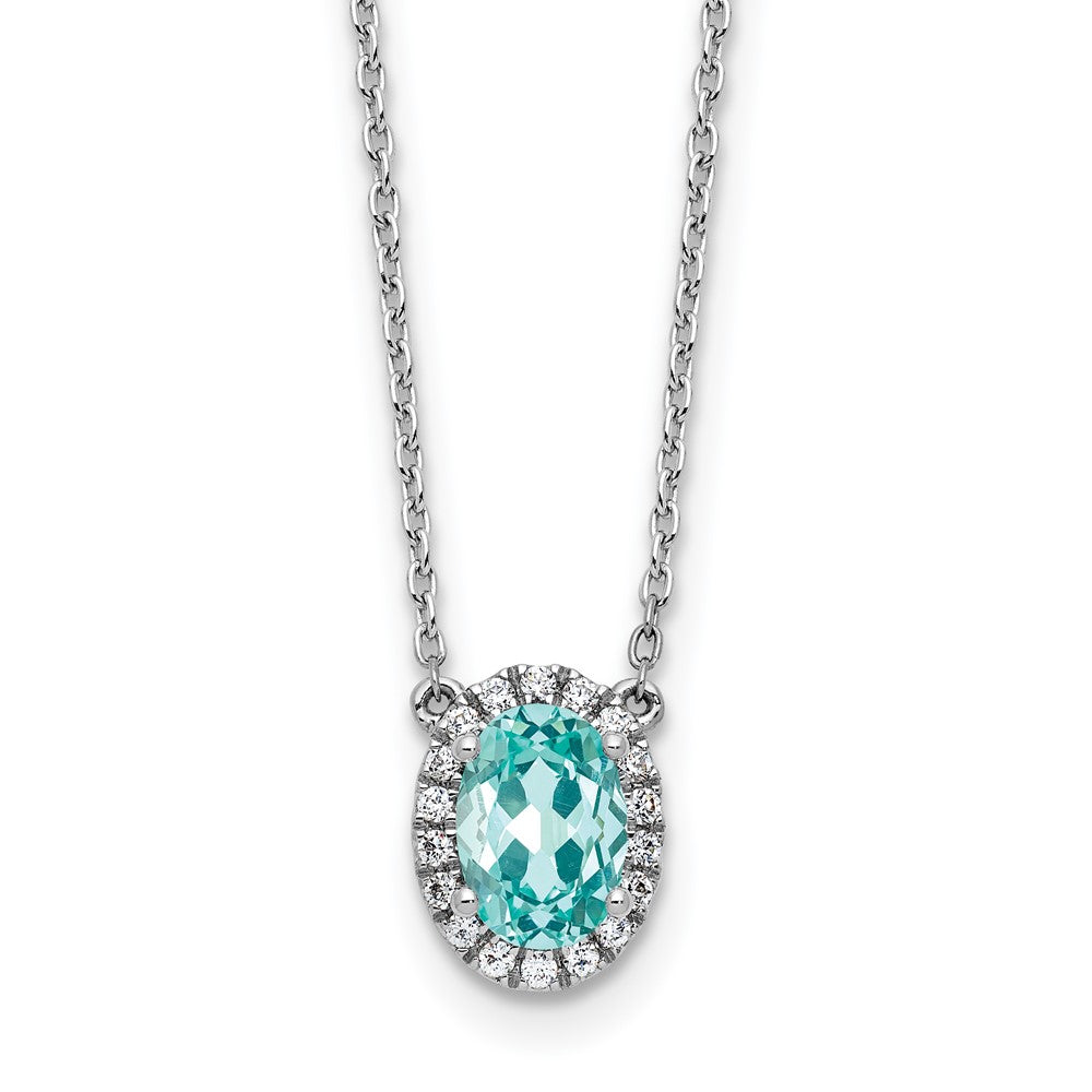 Pure Serenity 14K Weißgold Halskette mit ovalem Halo-Anhänger, 0,125 ct. im Labor gezüchtetem Diamant VS/SI+ G+ und im Labor gezüchtetem Paraiba-Turmalin, 18 Zoll