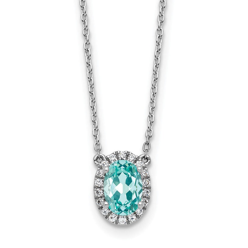 Pure Serenity 14K Weißgold Halskette mit ovalem Halo-Anhänger, 0,125 ct. im Labor gezüchtetem Diamant VS/SI+ G+ und im Labor gezüchtetem Paraiba-Turmalin, 18 Zoll