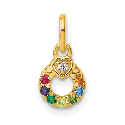 14K Gelbgold Diamant. Herz mit 7 Synthetisch Geburtsstein Mutter Kreis Anhänger