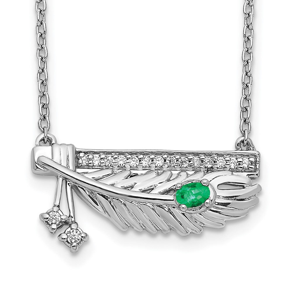 14K Weißgold Echt Diamant Stab mit Smaragd Feder 18 Zoll Halskette