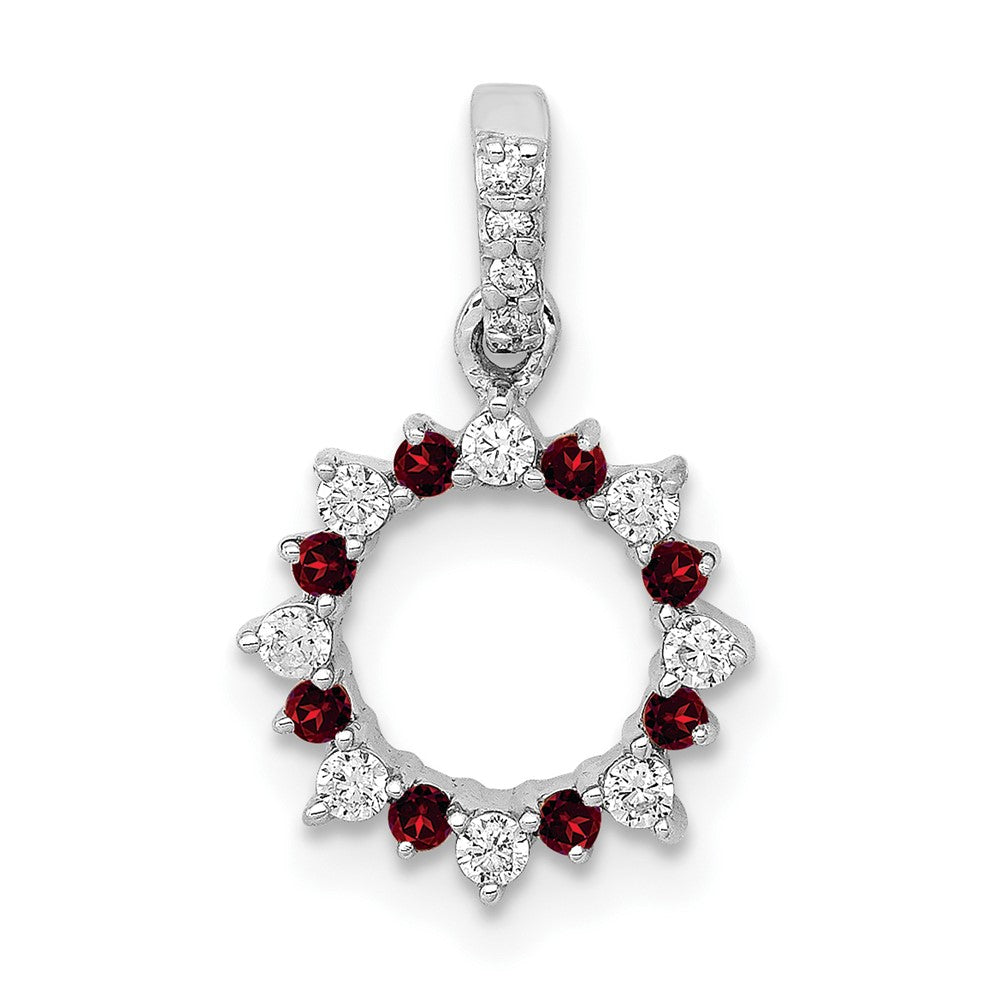 14K Weißgold Anhänger mit echtem Diamant und 0,08 ct. Granat, ausgefallener Kreisform