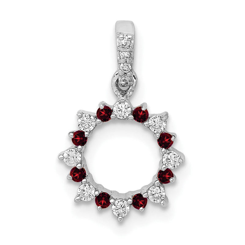 14K Weißgold Anhänger mit echtem Diamant und 0,08 ct. Granat, ausgefallener Kreisform