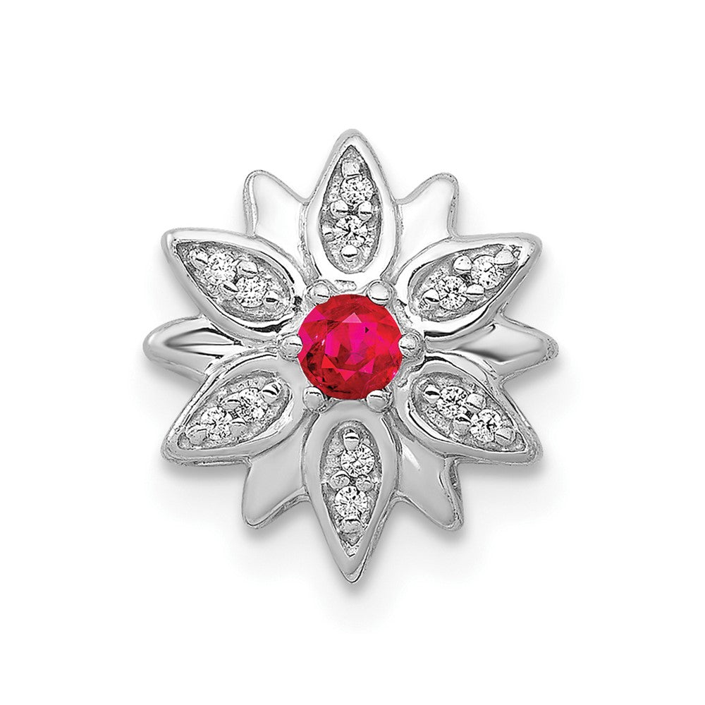 14K Weißgold 1/20ct. Echt Diamant und Rubin Blume Kette Anhänger