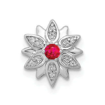 14K Weißgold 1/20ct. Echt Diamant und Rubin Blume Kette Anhänger