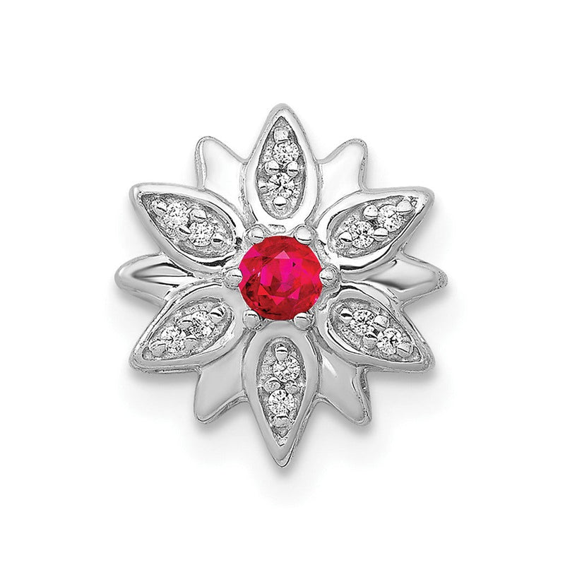14K Weißgold 1/20ct. Echt Diamant und Rubin Blume Kette Anhänger
