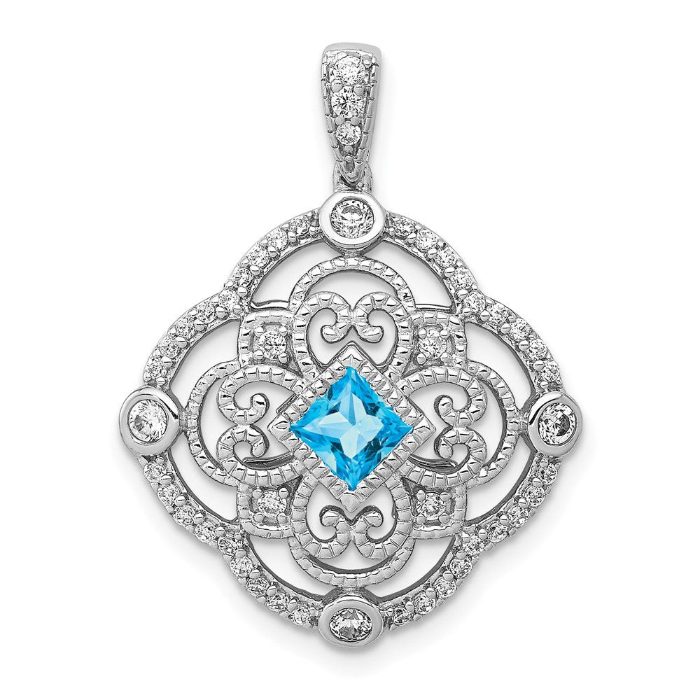 14 K Weißgold Anhänger mit echtem Diamant und 0,39 ct. blauem Topas, Fantasie-Design