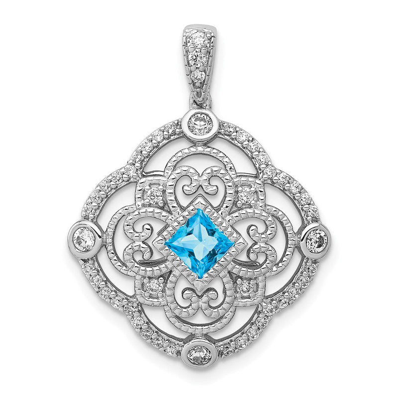 14 K Weißgold Anhänger mit echtem Diamant und 0,39 ct. blauem Topas, Fantasie-Design