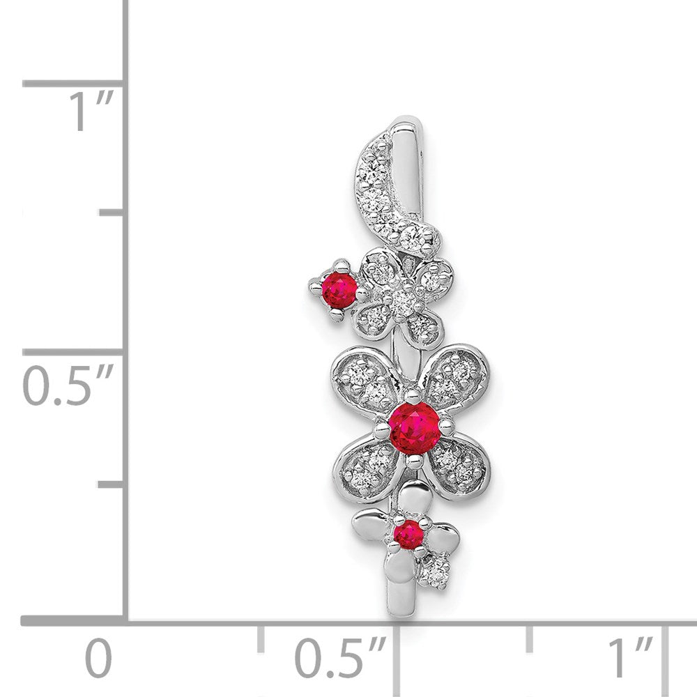 14K Weißgold Echt Diamant Und.13 Rubin Blumen Kette Anhänger