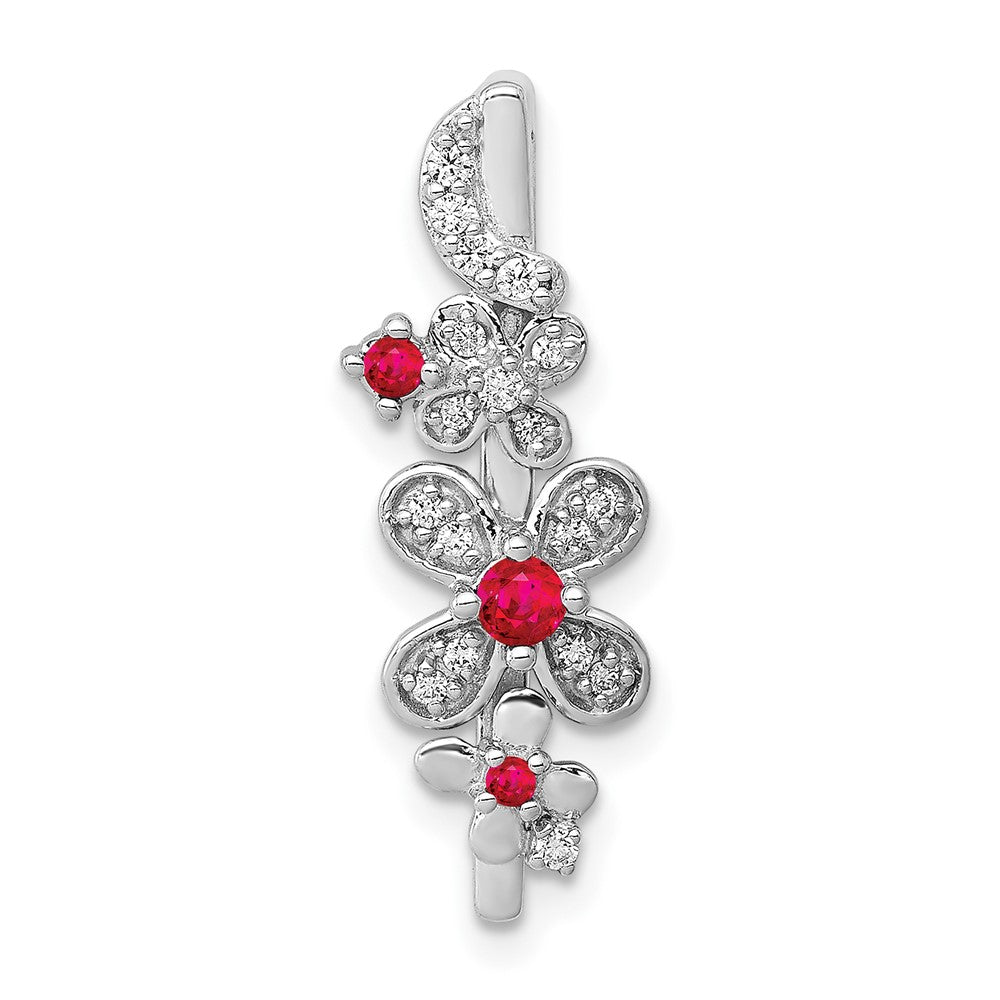 14K Weißgold Echt Diamant Und.13 Rubin Blumen Kette Anhänger