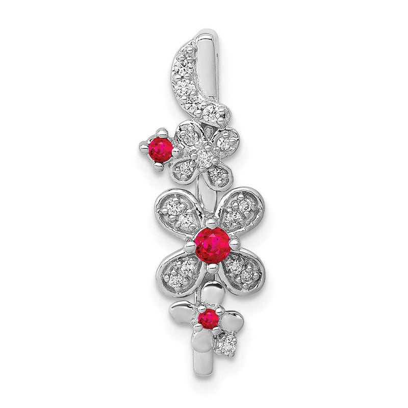14K Weißgold Echt Diamant Und.13 Rubin Blumen Kette Anhänger