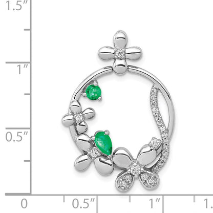 14K Weißgold Anhänger mit echtem Diamant und Smaragd, Blumendesign
