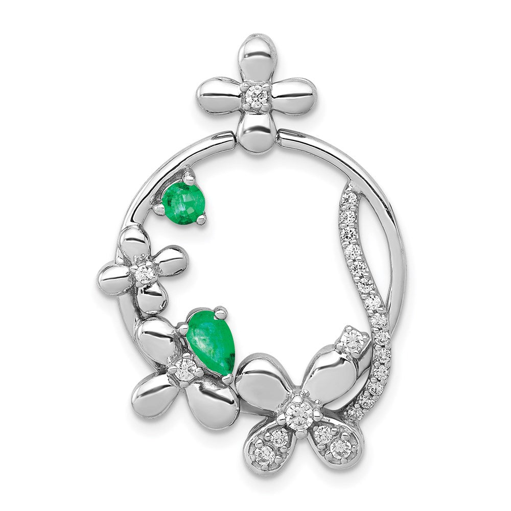 14K Weißgold Anhänger mit echtem Diamant und Smaragd, Blumendesign