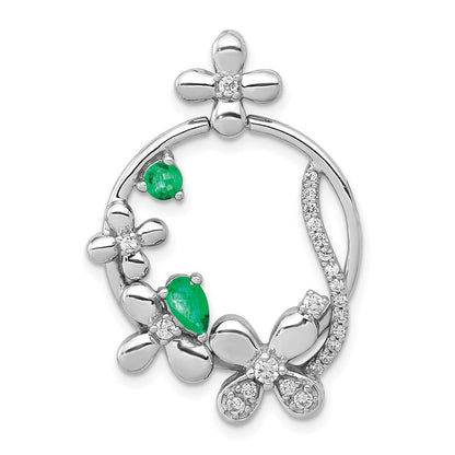 14K Weißgold Anhänger mit echtem Diamant und Smaragd, Blumendesign