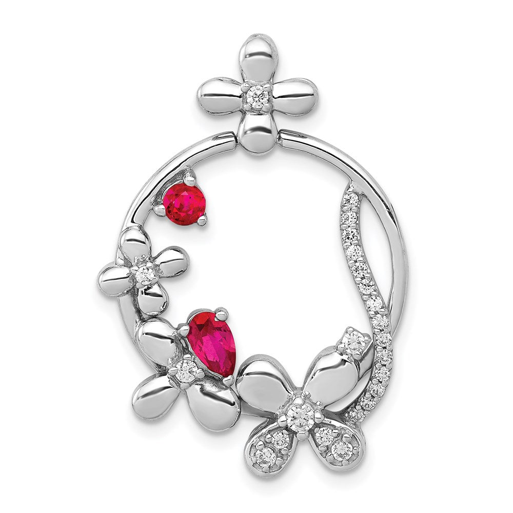14K Weißgold Blumen-Kreis-Anhänger mit echtem Diamant und 0,44 ct. Rubin