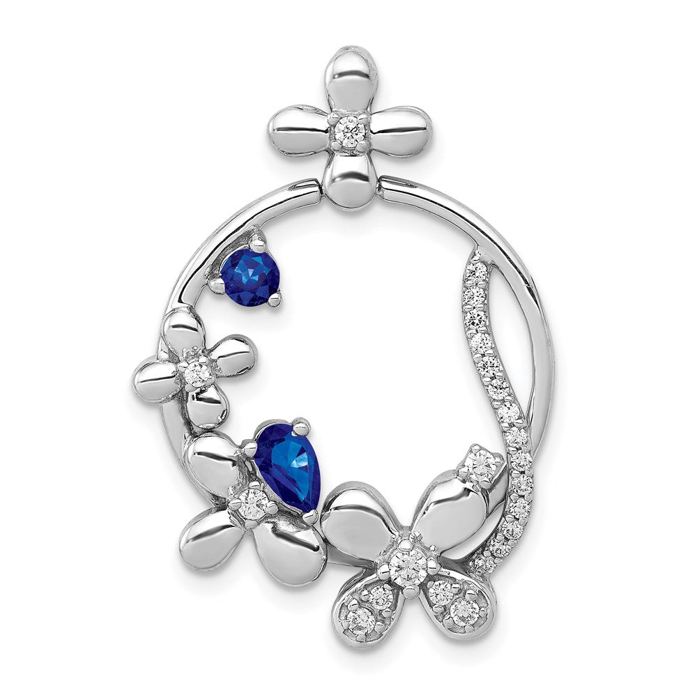 14K Weißgold Anhänger mit echten Diamanten und Saphiren, Kreis-Blumen-Design