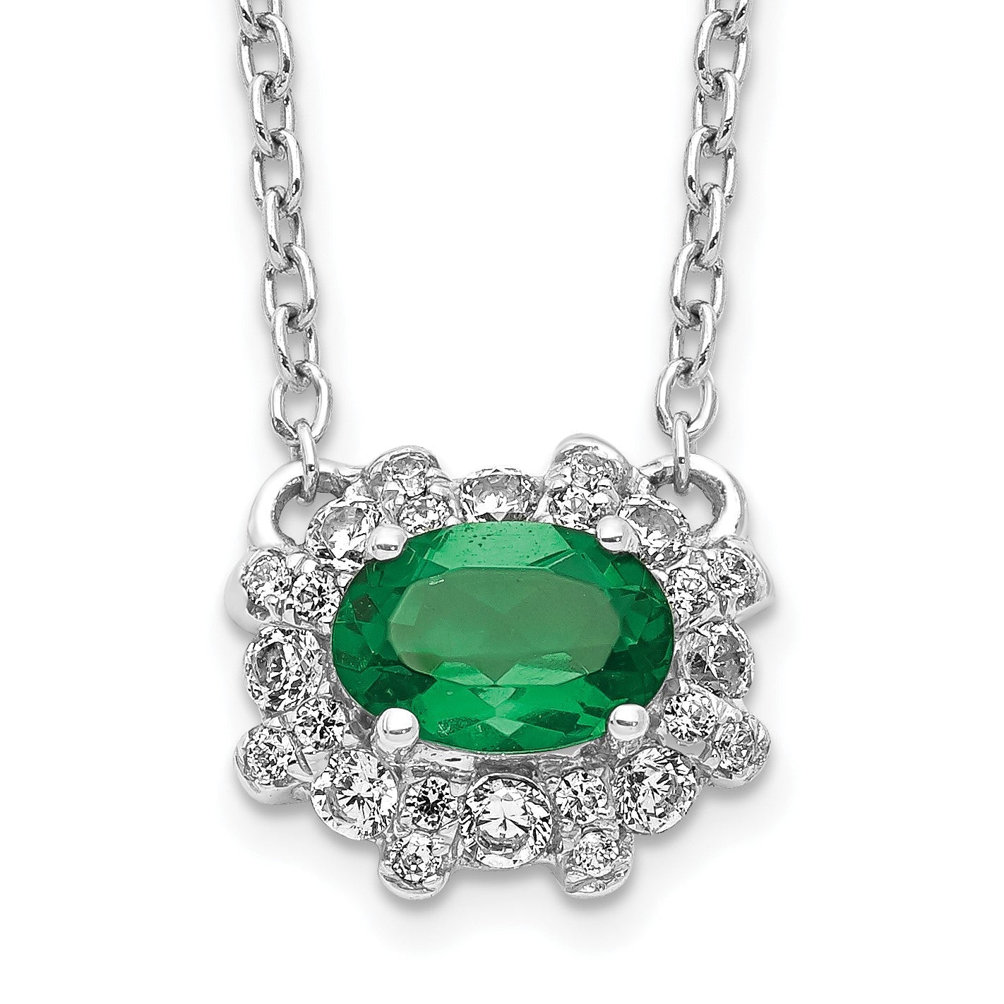 14K Weißgold Echt Diamant und Oval Smaragd 18 Zoll Halskette
