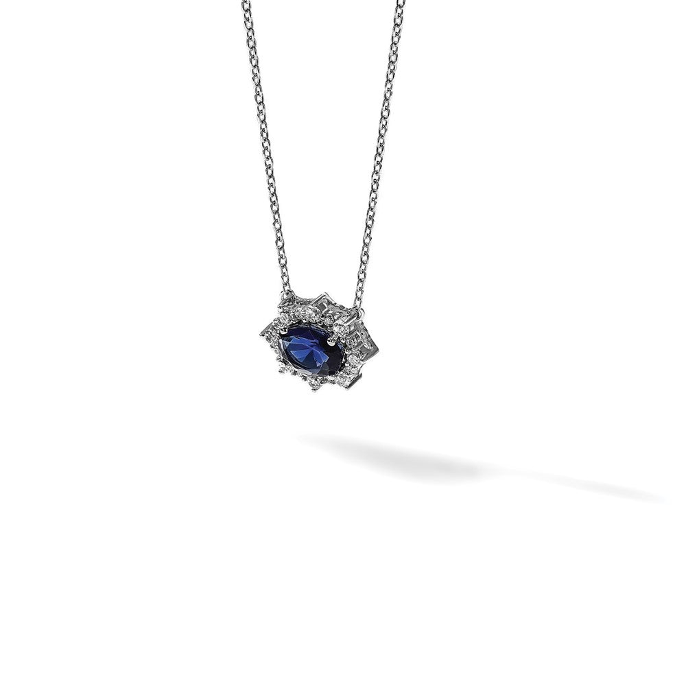 14K Weißgold Echt Diamant und Oval Saphir 18 Zoll Halskette