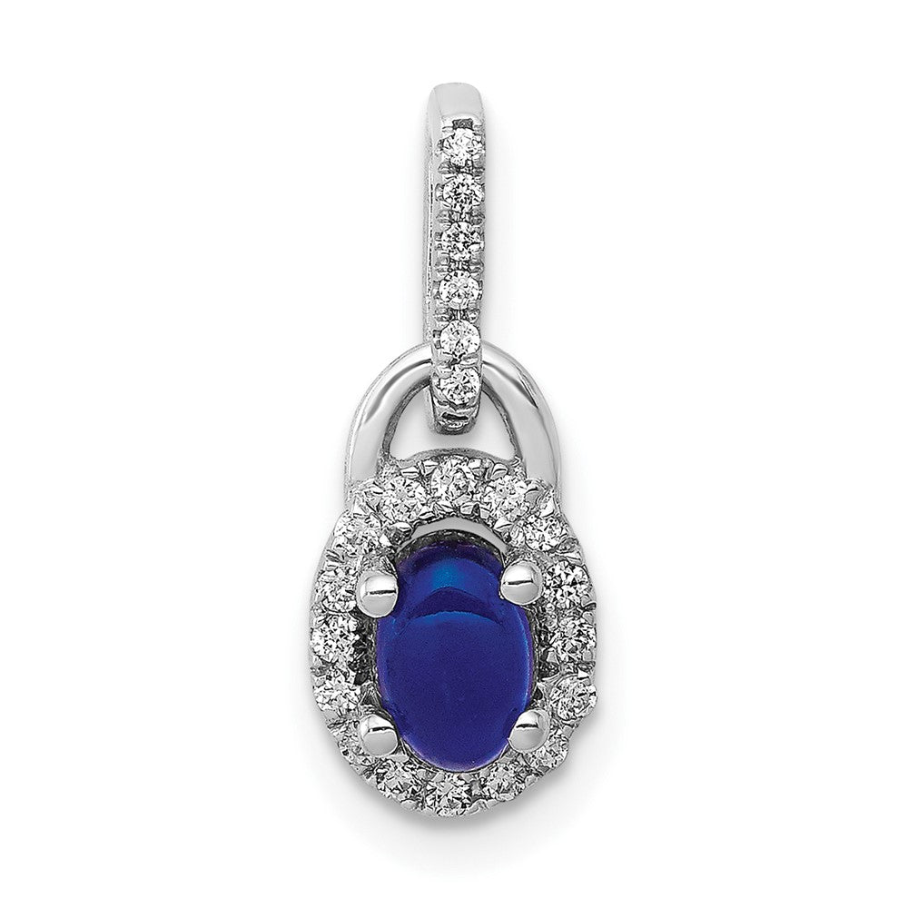 14 K Weißgold Halo Anhänger mit echtem Diamant und Cabochon-Saphir