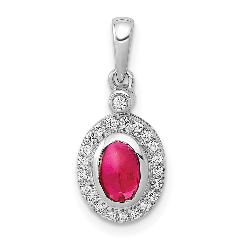 14 Karat Weißgold Halo-Anhänger mit echtem Diamant und Rubin-Cabochon