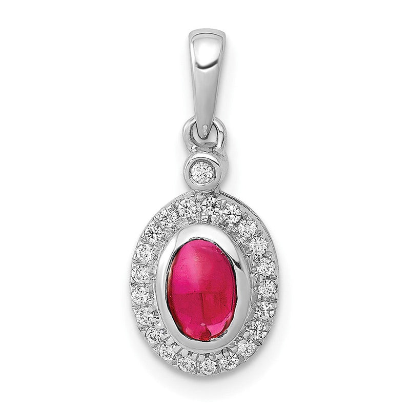 14 Karat Weißgold Halo-Anhänger mit echtem Diamant und Rubin-Cabochon