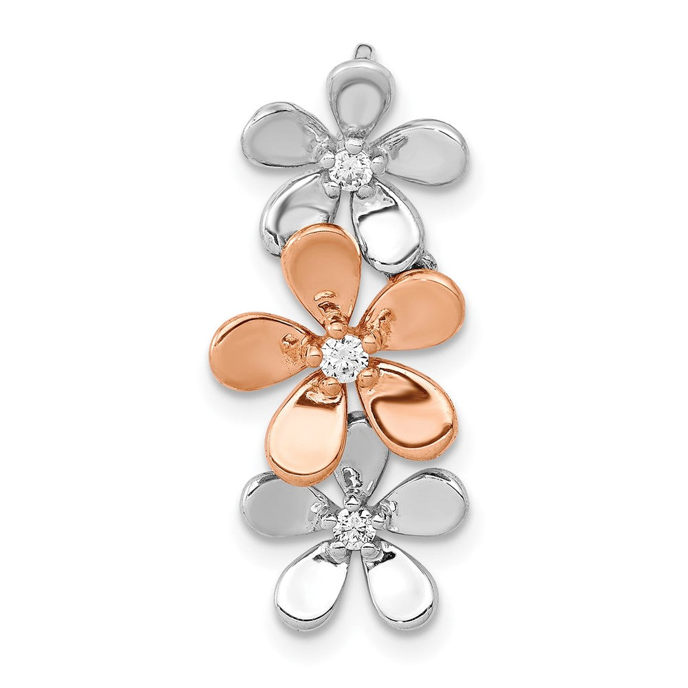 14K Rose und Weißgold 1/10ct. Echt Diamant Drei Blume Kette Anhänger