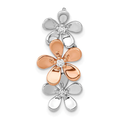 14K Rose und Weißgold 1/10ct. Echt Diamant Drei Blume Kette Anhänger