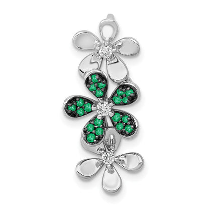 14K Weißgold Anhänger mit 3 Blumen, echten Diamanten und Smaragden