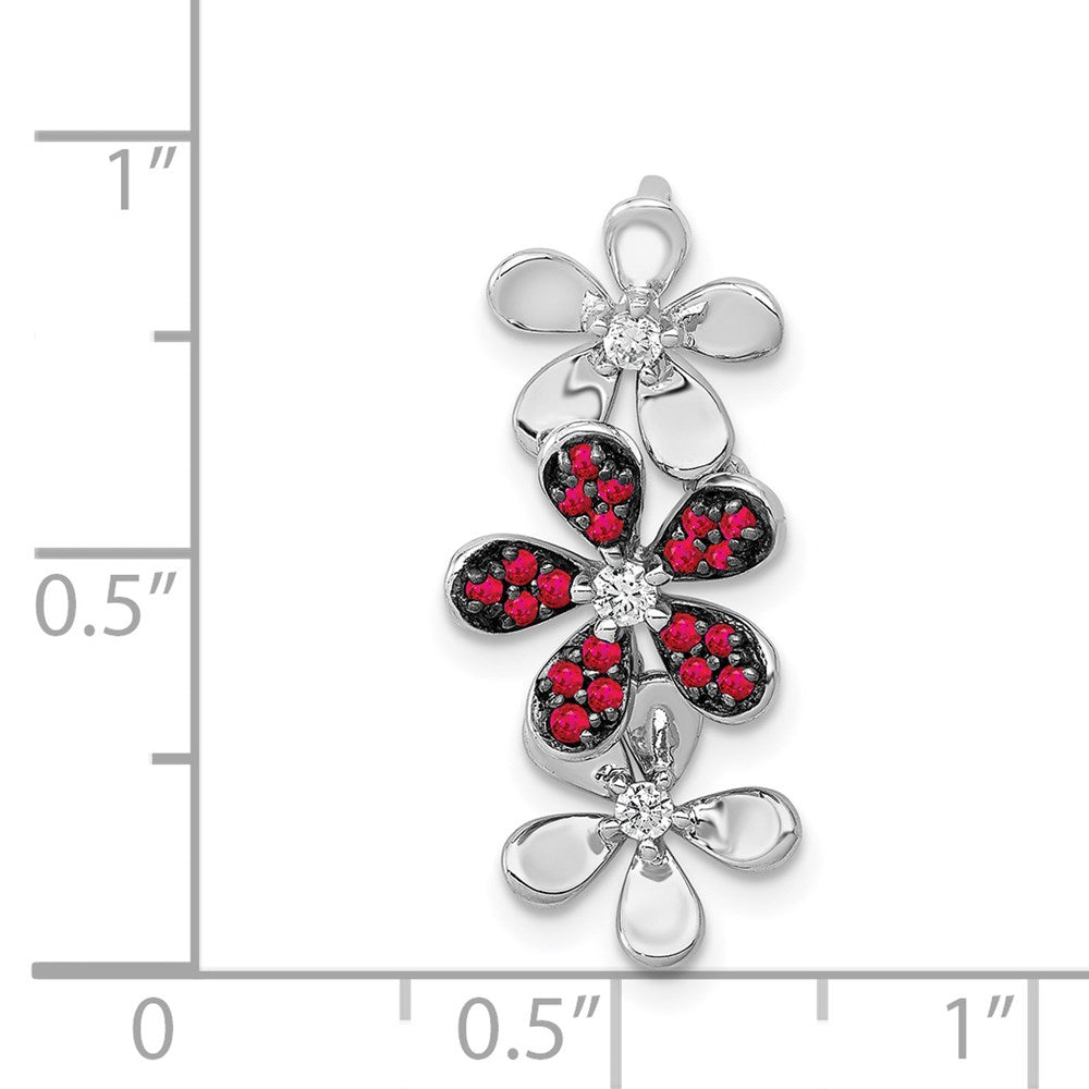 14K Weißgold Echt Diamant Und.14 Rubin Drei Blumen Kette Anhänger