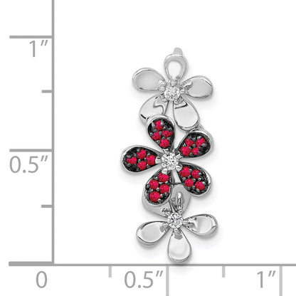 14K Weißgold Echt Diamant Und.14 Rubin Drei Blumen Kette Anhänger