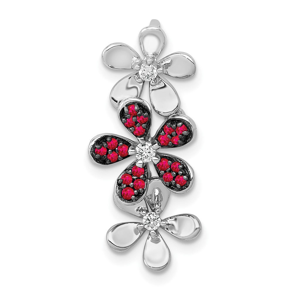 14K Weißgold Echt Diamant Und.14 Rubin Drei Blumen Kette Anhänger