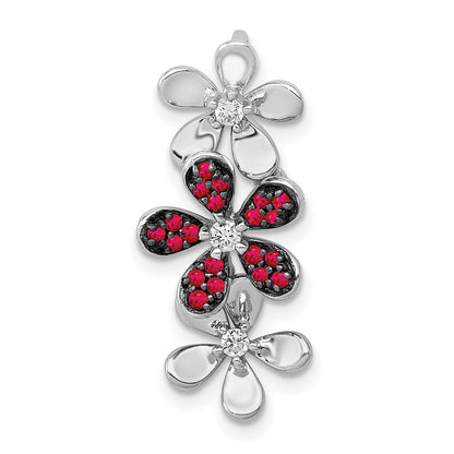 14K Weißgold Echt Diamant Und.14 Rubin Drei Blumen Kette Anhänger